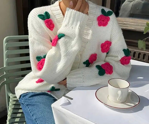 Women V-Neck Button Up 3D Floral Fashion Full Sleeve Sweater Top