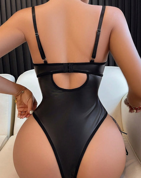 Women Black Sexy PU Lace Up Bodysuit Lingerie