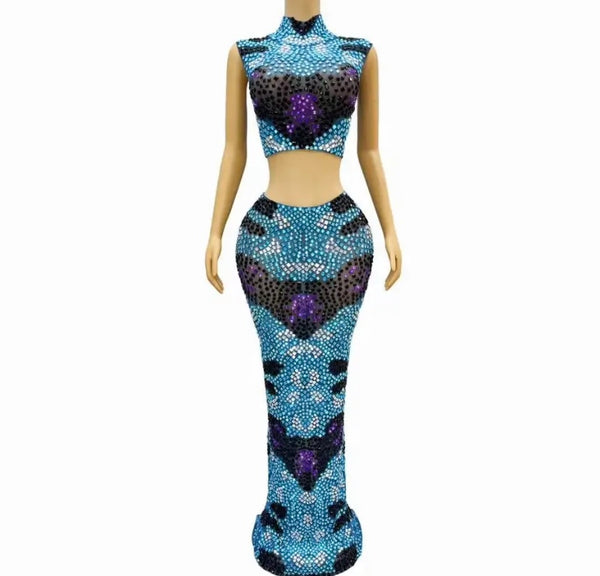 Women Sexy Color Patchwork Bling Sleeveless Two Piece Maxi Skirt Set