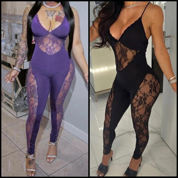 Women Sexy Sleeveless Solid Color Lace Patchwork Jumpsuit