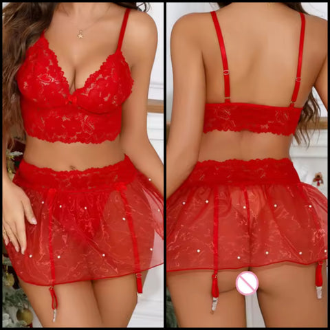 Women Sexy Red Lace Mesh Lingerie Set