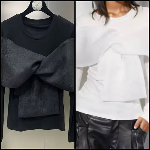 Women Fashion Black/White Bow Full Sleeve Top