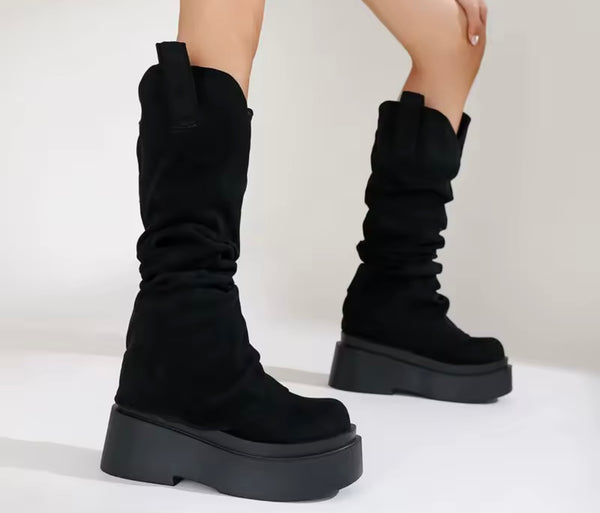 Women Fashion Color Platform Suede Ruched Knee High Boots