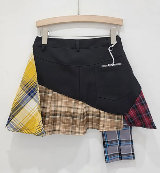 Women Fashion Color Plaid Patchwork Skirt