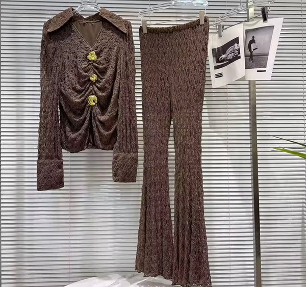 Women Fashion Lace Collar Button Up Two Piece Pant Set