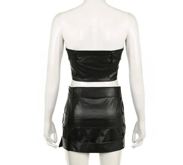 Women Sexy Strapless Black Gold Buckled Faux Leather Two Piece Skirt Set