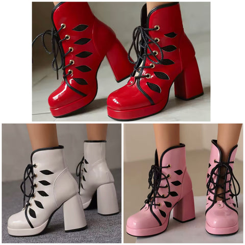 Women Fashion Color Lace Up Patent Leather Ankle Boots