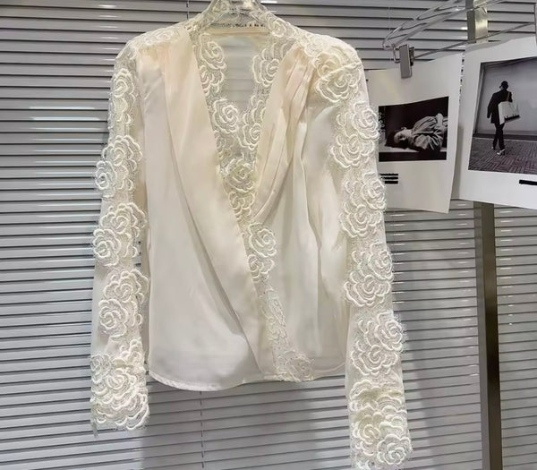 Women Floral Lace Full Sleeve Two Piece Bling Short Set