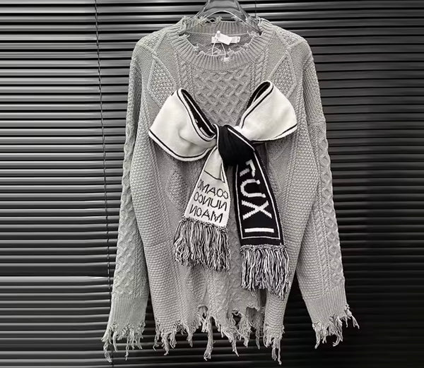 Women Fashion Letter Print Bow Full Sleeve Knitted Sweater Top