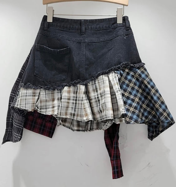 Women Fashion Denim Plaid Patchwork Skirt