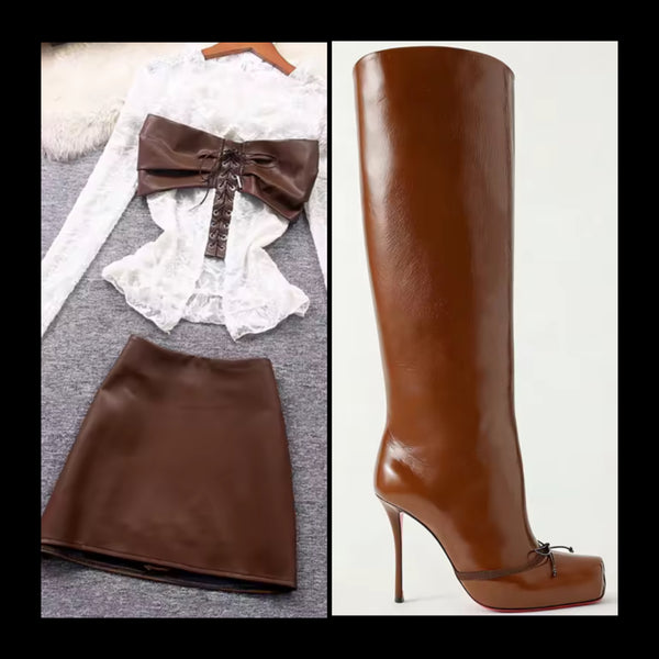 Women Fashion Square Toe Bow Faux Leather Knee High Boots