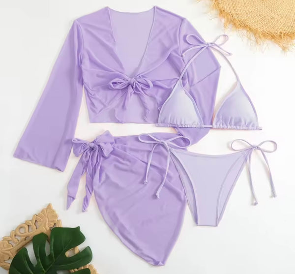 Women Sexy Color Bikini Mesh Cover Up Set