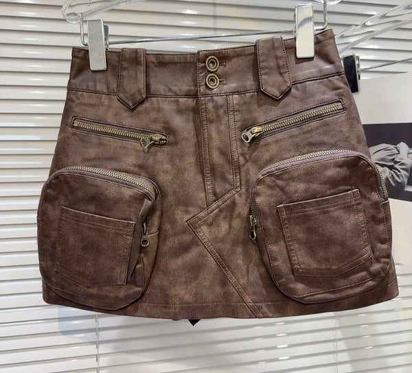 Women Faux Leather Fashion Zipper Cargo Short Skirt