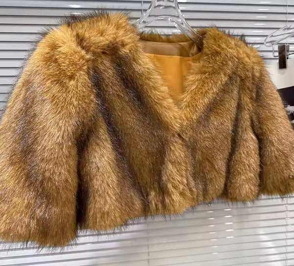 Women Color Fashion Faux Fur Crop Jacket