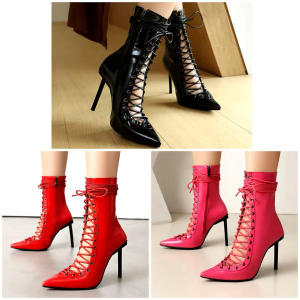 Women Fashion Pointed Toe Patent Leather Lace Up Ankle Boots