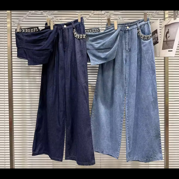 Women Strapless Rhinestone Embellishment Denim Two Piece Pant Set
