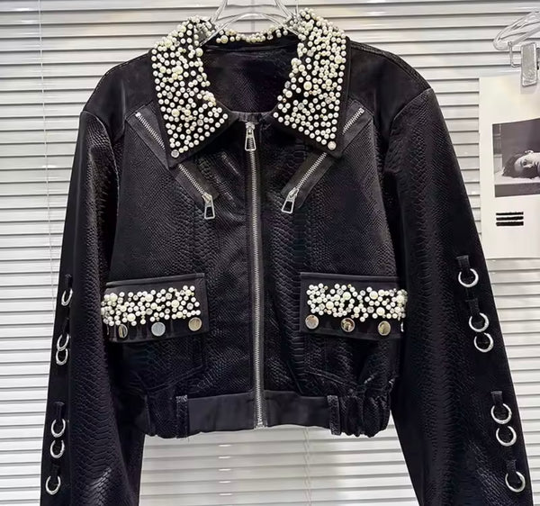 Women Black Pearl Metal Ring Fashion Faux Leather Jacket