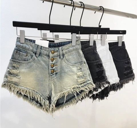 Women Ripped Fringe Button Up Denim Shorts