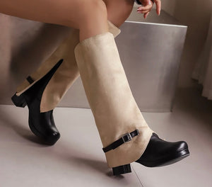 Women Fashion Denim Color Patchwork Buckled Platform Knee High Boots