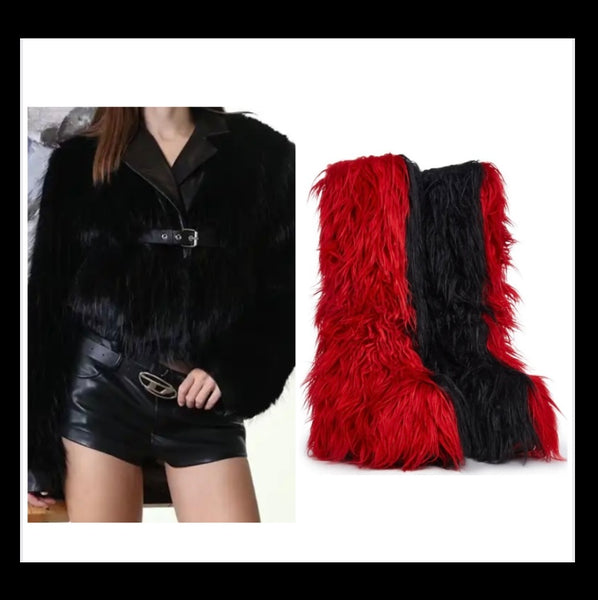 Women Fashion Black/Red Faux Fur Platform Knee High Boots