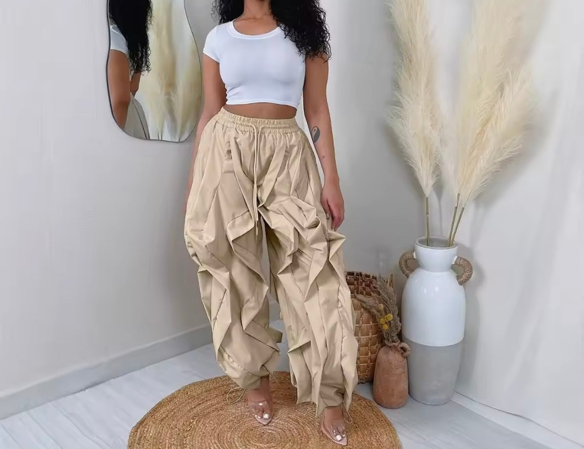 Women Color Fashion Ruffled Drawstring Pants