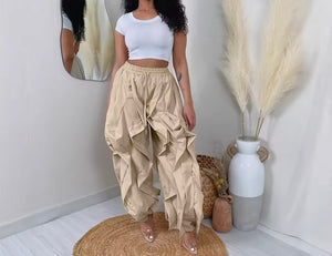 Women Color Fashion Ruffled Drawstring Pants