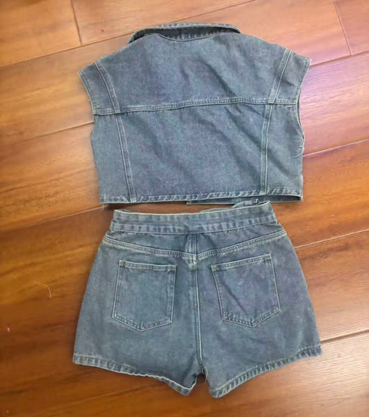 Women Fashion Denim Button Up Sleeveless Two Piece Short Set
