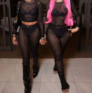 Women Sexy See Through Solid Color Full Sleeve Two Piece Pant Set