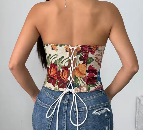 Women Strapless Floral Print Fashion Corset Top