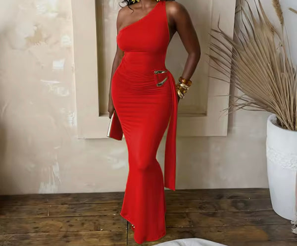 Women Sexy One Shoulder Open Back Sleeveless Maxi Dress