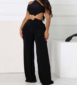 Women Sexy Color One Shoulder Sleeveless Metal Cut Out Jumpsuit
