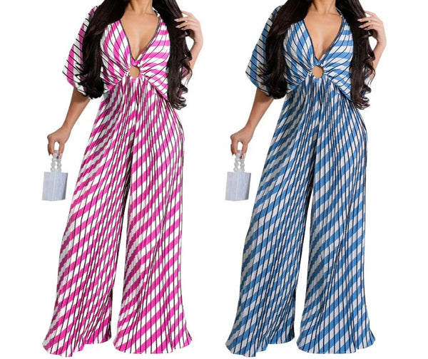 Women Sexy Striped V-Neck Short Sleeve Wide Leg Jumpsuit