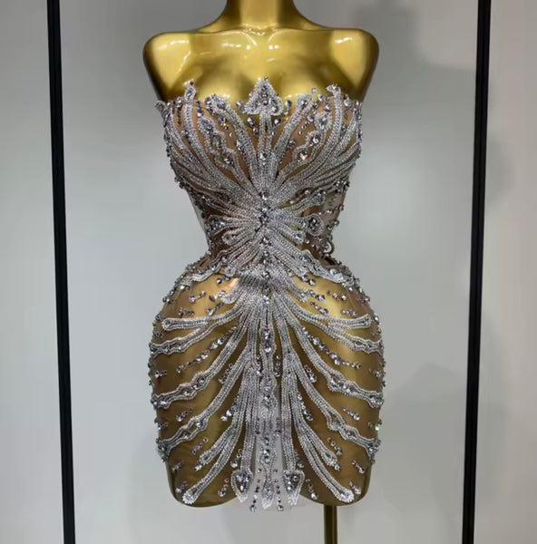 Women Sexy Strapless Bling Rhinestone Mesh Dress