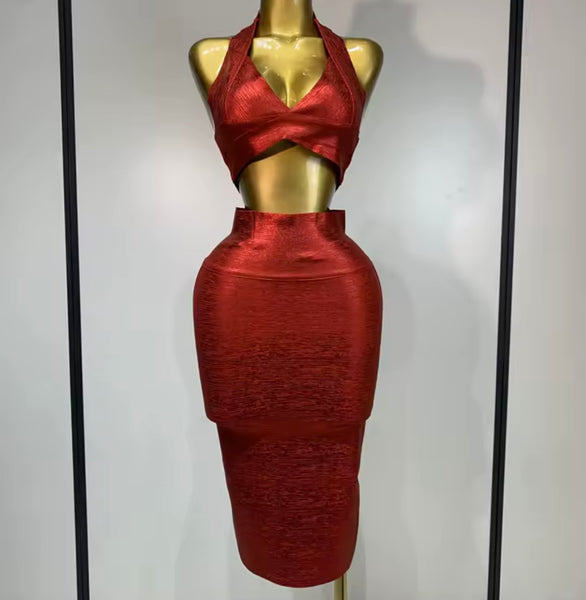 Women Red Halter Sleeveless Crop Sexy Two Piece Skirt Set