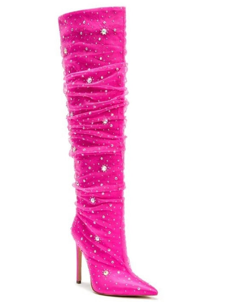 Women Pink Bling Rhinestone Fashion Knee High Boots