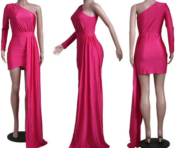 Women Color One Shoulder Full Sleeve Ruched Tassel Dress