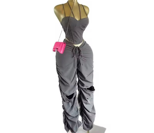 Women Gray Sleeveless Fashion Two Piece Ripped Ruched Pant Set