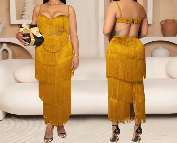 Women Sexy Sleeveless Open Back Fringe Tassel Maxi Dress