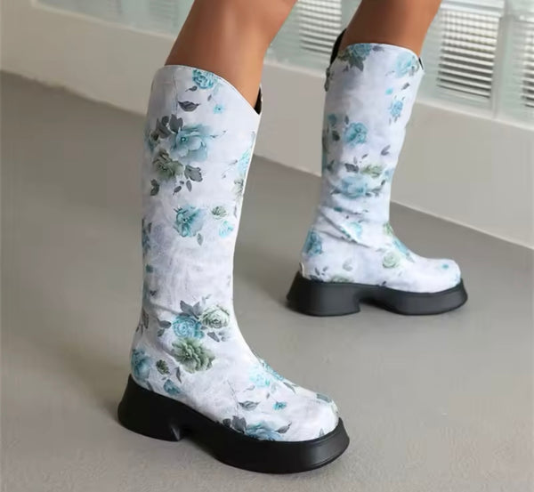 Women Fashion Color Floral Knee High Boots