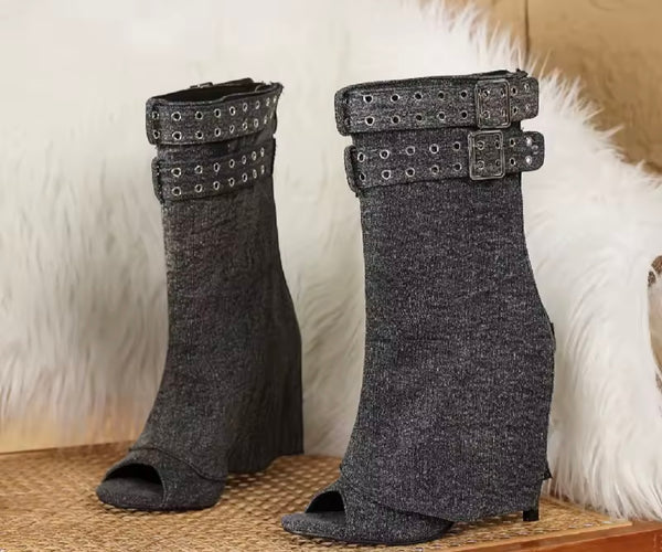 Women Fashion Open Toe Buckled High Heel Ankle Boots