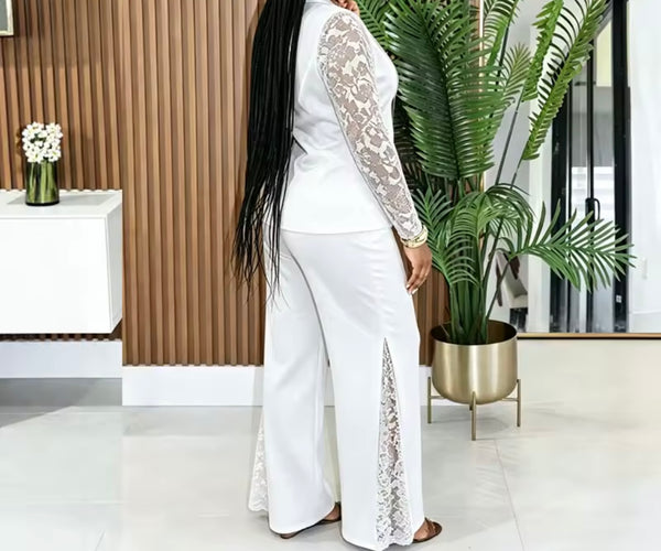 Women Lace Patchwork Blazer Two Piece Pant Set