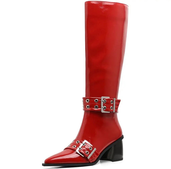 Women Fashion Pointed Toe Buckled Flat Knee High Boots
