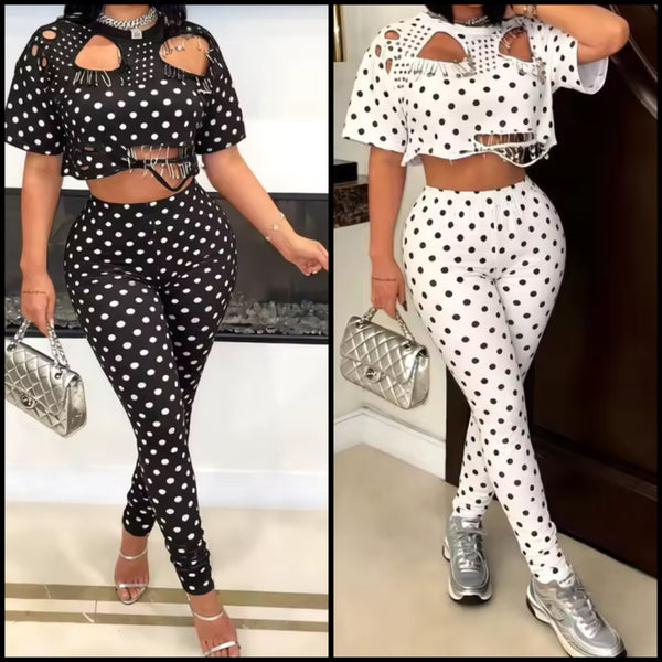 Women Polka Dot Safety Pin Crop Fashion Two Piece Pant Set