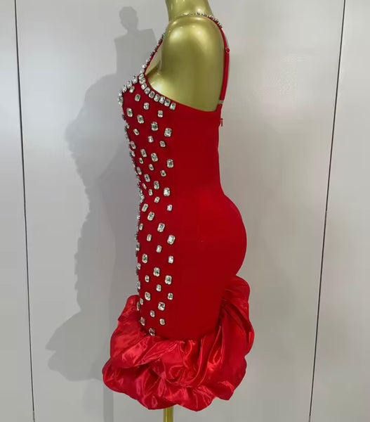 Women Sexy Sleeveless Ruffled Rhinestone Bandage Dress