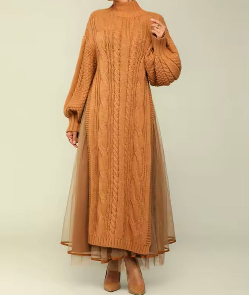 Women Turtleneck Full Sleeve Knitted Sweater Maxi Dress