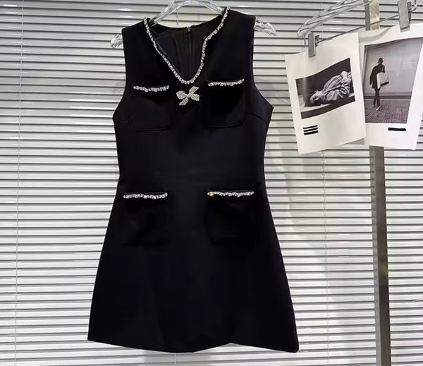 Women Sleeveless Rhinestone Patchwork Pocket Dress