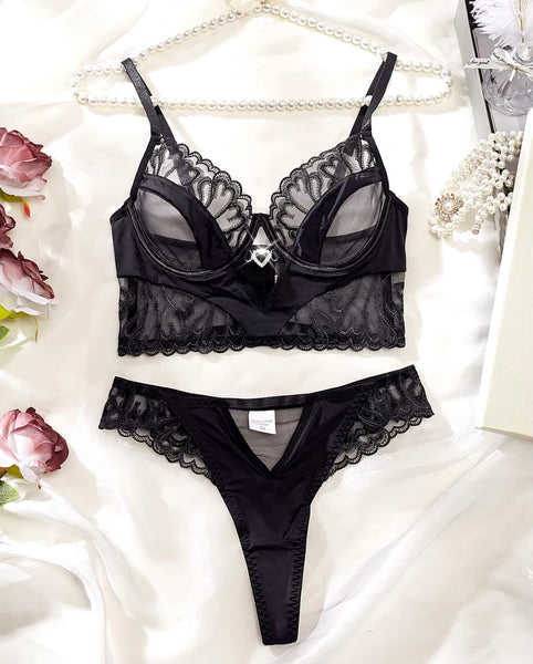 Women Black Sexy Heart Mesh Lingerie Set