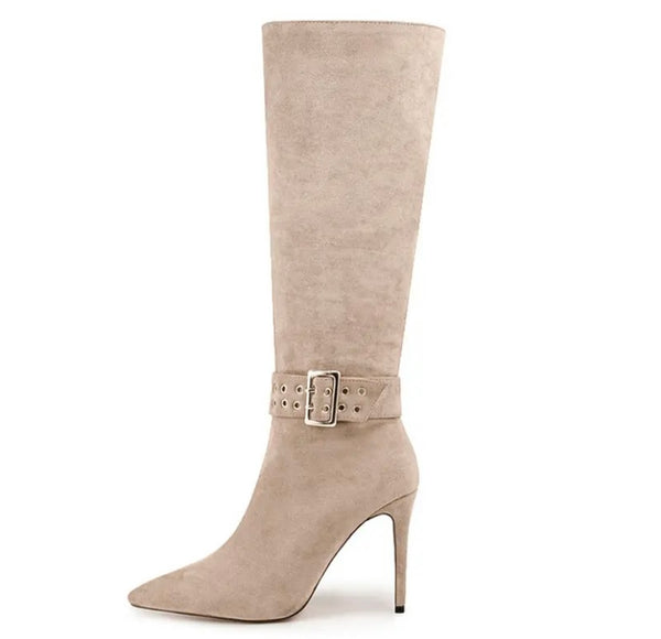 Women Pointed Toe Suede Buckled Knee High Boots
