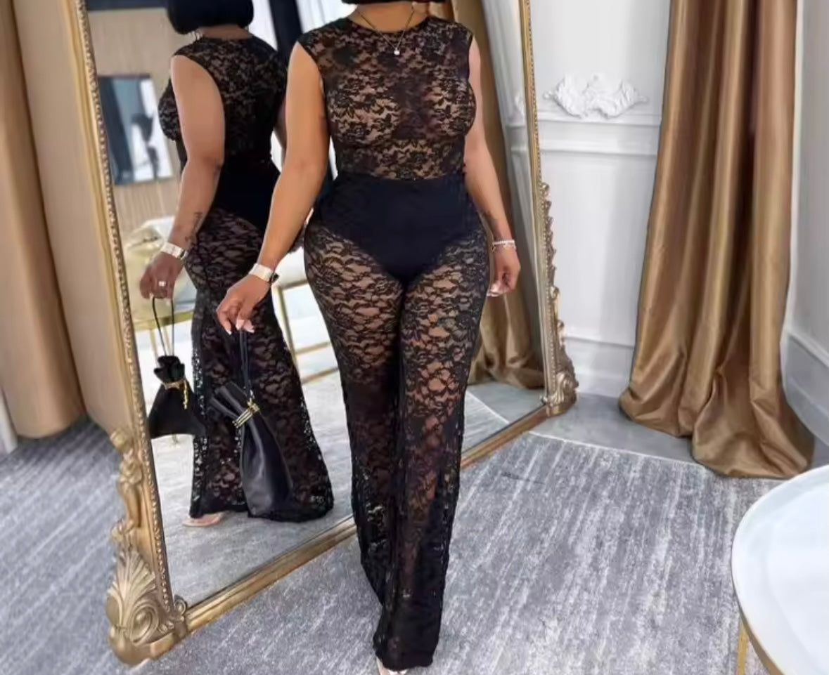 Women Sexy Solid Color Short Sleeve Lace Two Piece Pant Set