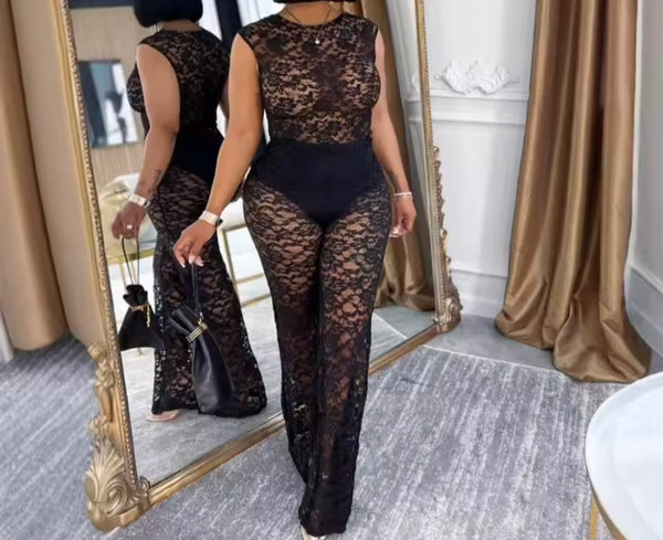 Women Sexy Solid Color Short Sleeve Lace Two Piece Pant Set